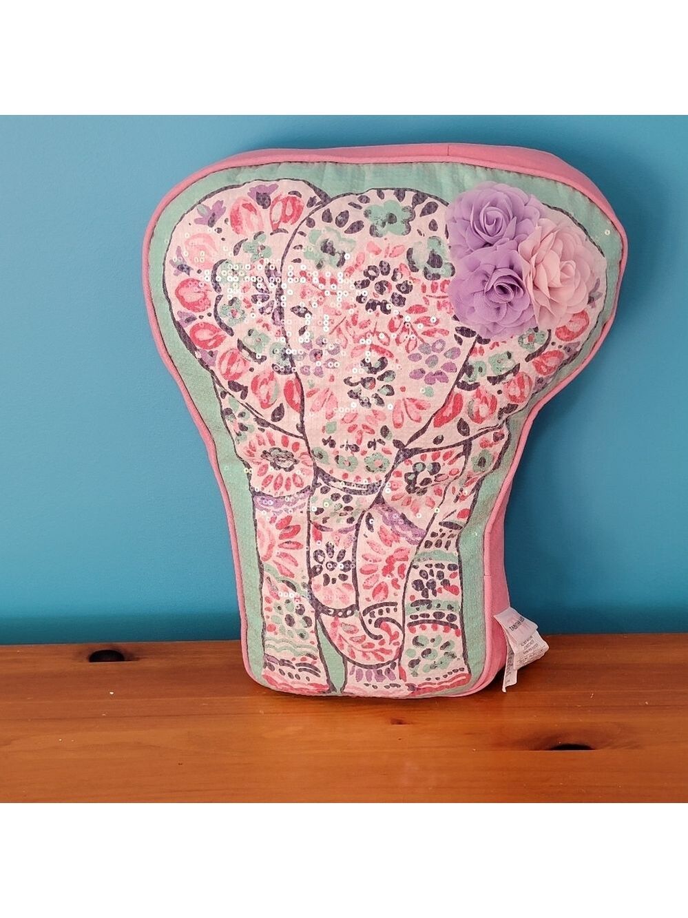 Designer Pillow Large Elephant Sequins and 3D Flowers Tabitha Webb
